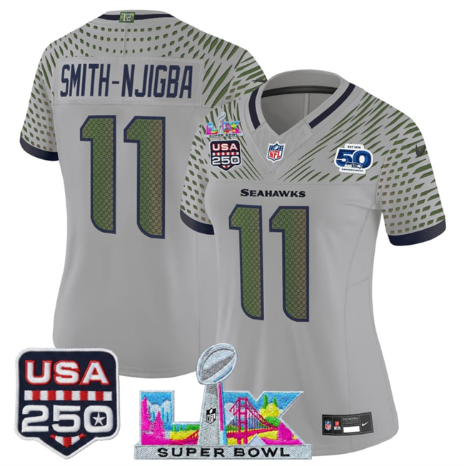 Women's Seattle Seahawks #11 Jaxon Smith-Njigba Gray 2025 F.U.S.E. Super Bowl LX & US 250th anniversary Patch And 50th Season Patch “Rivalries” Vapor Limited Football Stitched Jersey(Run Small)